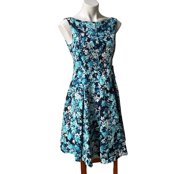 NWT, Maggy London Fit and Flare Sleeveless Summer Dress, Navy and Aqua, Sz 8 - Picture 7 of 16